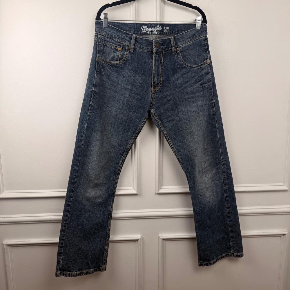 Wrangler Retro Slim Boot Jeans Mens 32x30 Dark Wash‎ Denim WLT77LY Blue